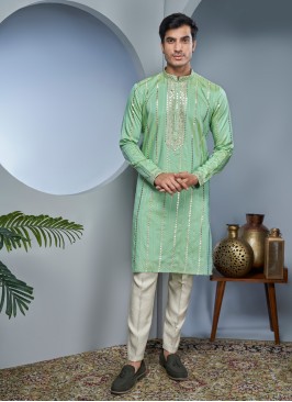 Sequins Embroidered Pista Green Mens Kurta Pajama