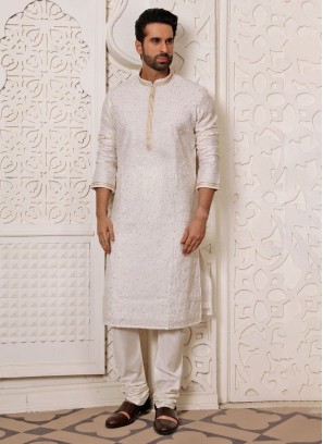 Sequins Embroidered White Kurta Pajama