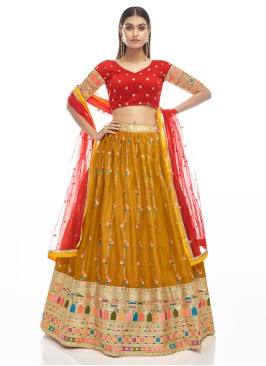 Mustard Georgette Satin A Line Lehenga Choli