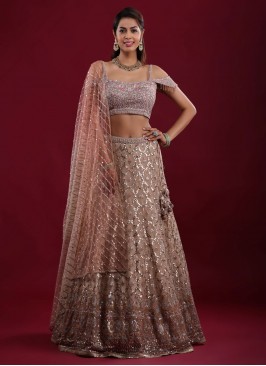 Sequins Work Beige Color Net Lehenga Choli