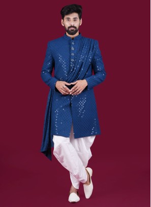 Sequins Work Blue Indowestern In Cotton Silk