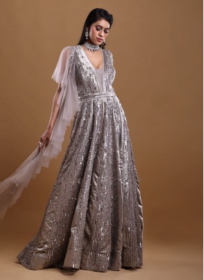 Sequins Work Designer Gown In Grey Color