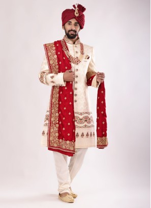 Sequins Work Designer Sherwani In Cream Color