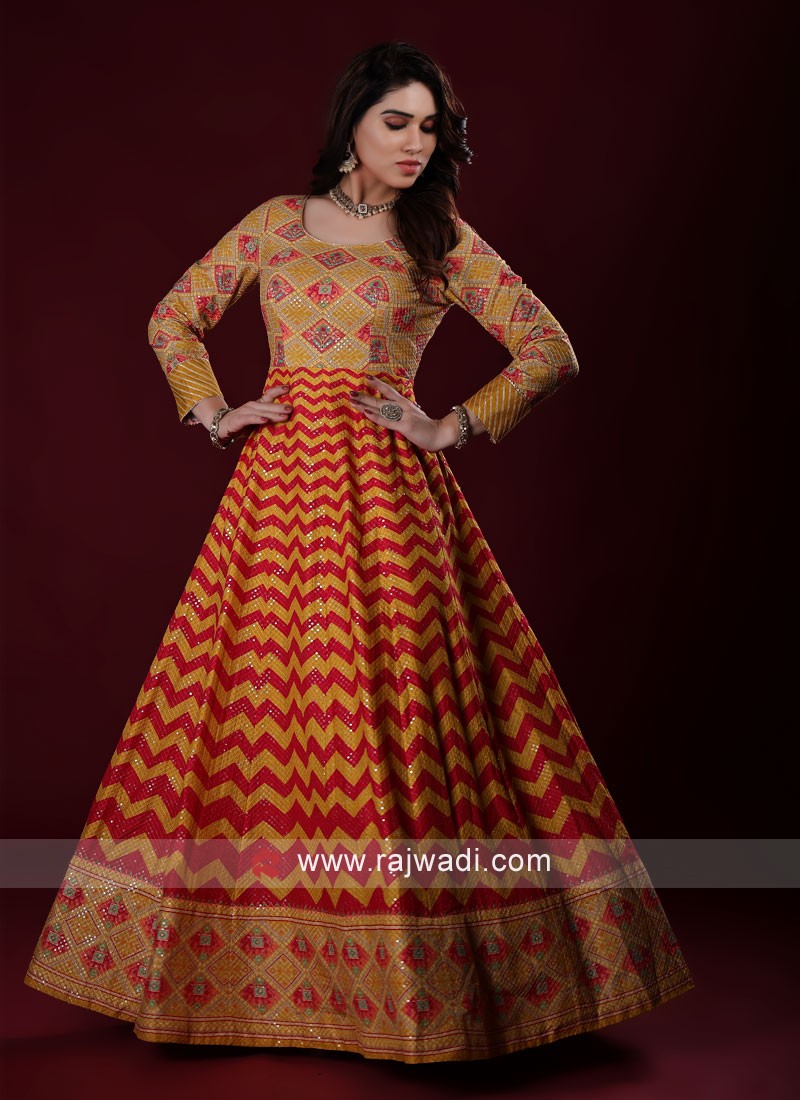 Festive Wear Sequins Anarkali Suit In Mustrad Yellow