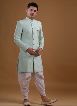 Sequins Work Indowestern In Pista Green Color