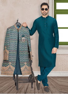 Sequins Work Indowestern In Tea Blue Color