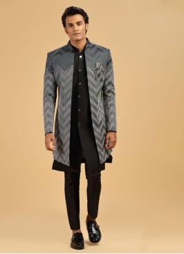 Sequins Work Jacket Style Indowestern In Black Color