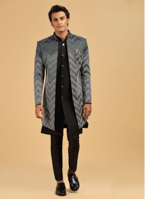 Sequins Work Jacket Style Indowestern In Black Color