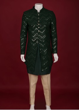 Sequins Work Jacket Style Indowestern In Bottle Green Color