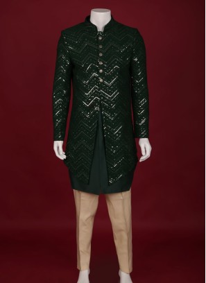 Sequins Work Jacket Style Indowestern In Bottle Green Color