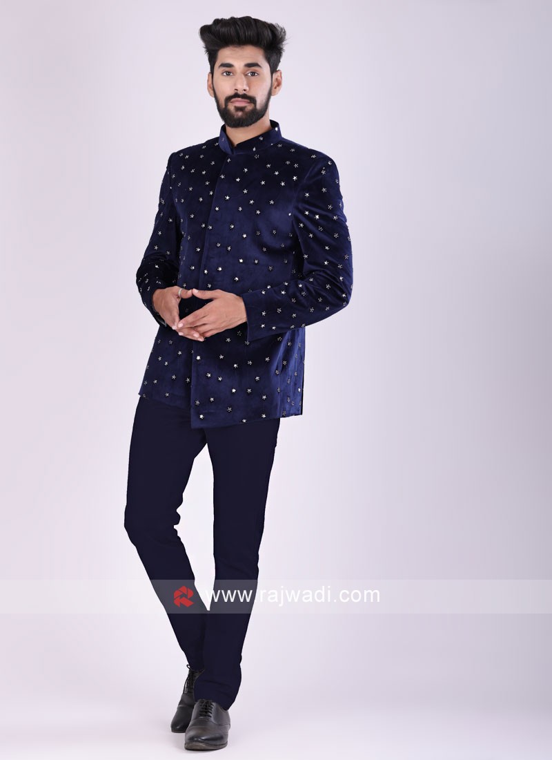 Sequins Work Jodhpuri Suit In Navy Blue