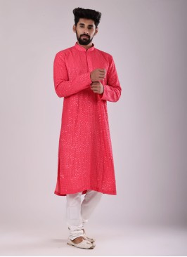 Sequins Work Kurta Pajama In Rani Color