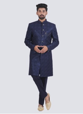 Sequins Work Navy Blue Indowestern In Silk Fabric