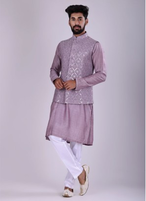 Sequins Work Nehru Jacket In Purple Color