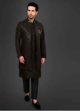 Sequins Work Nehru Jacket Set In Black Color
