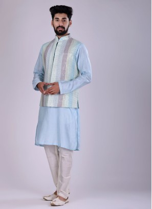 Sequins Work Nehru Jacket Set In Sky Blue Color
