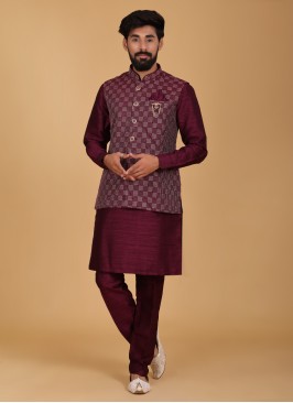 Sequins Work Nehru Jacket Set In Purple Color