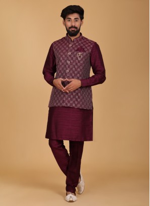 Sequins Work Nehru Jacket Set In Purple Color