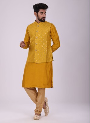 Sequins Work Nehru Jacket Set In Yellow Color