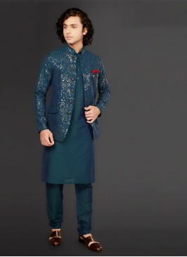 Sequins Work Peacock Blue Color Nehru Jacket Suit