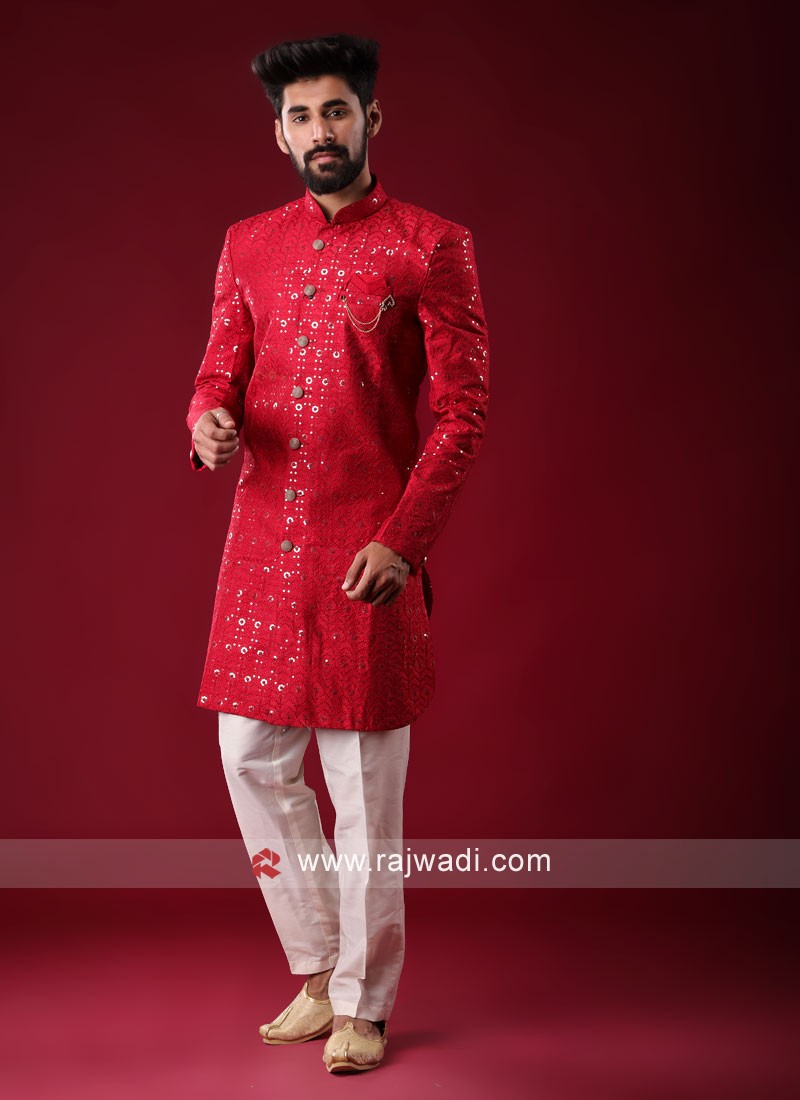 sequins work red indowestern for men 35376