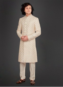 Sequins Work Sherwani In Cream Color