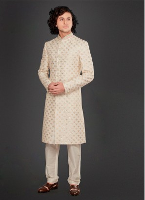 Sequins Work Sherwani In Cream Color