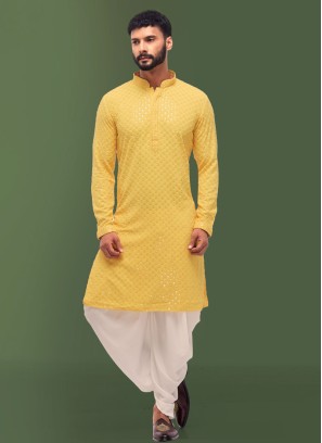 Sequins Work Yellow And White Indowestern Set