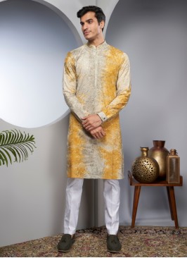 Shaded Color Cotton Silk Embroidered Kurta Pajama Set