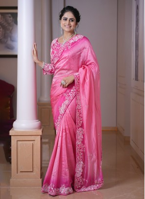 Shaded Gajri Pink Embroidered Silk Saree