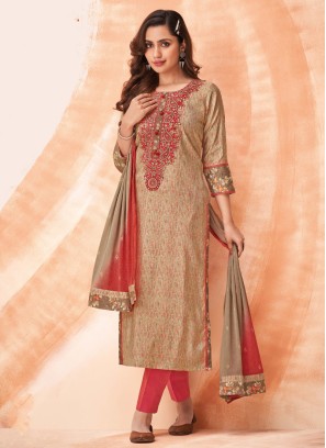 Shagufta Beige and Rust Printed Pant Style Salwar Kameez