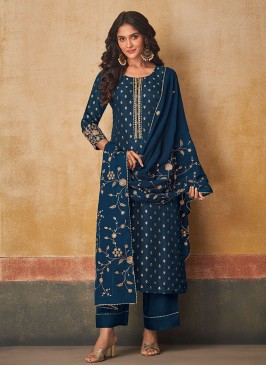Shagufta Blue Silk Pant Style Salwar Kameez