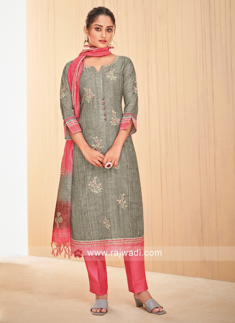 Embroidered Chanderi Cotton Punjabi Suit in Peach : KUMT921