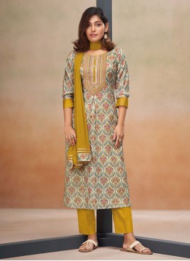 Shagufta Floral Printed Mustard Yellow Salwar Kameez