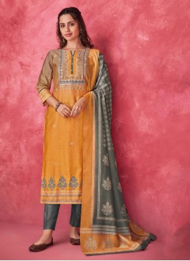 Cream Color Silk Pant Style Salwar Kameez