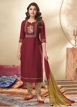 Shagufta Maroon Cotton Kurti with Printed Pant Style Salwar Suit