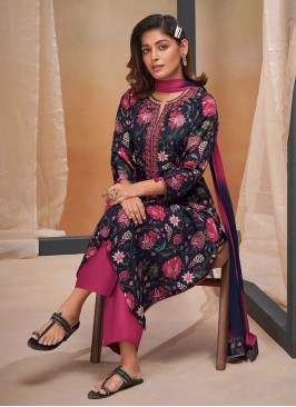 Shagufta Navy Blue Floral Printed Pant Style Suit