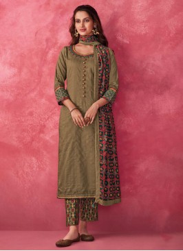 Shagufta Olive Green Chanderi Silk Salwar Kameez