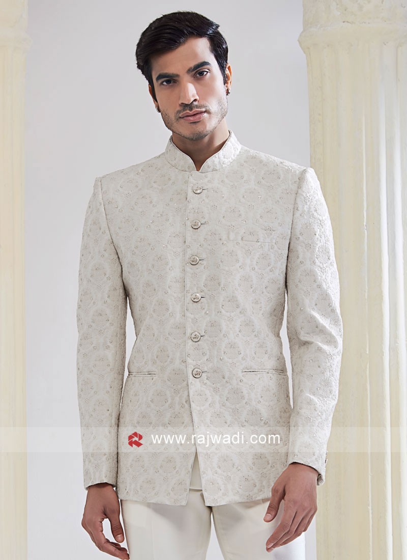 Mandarin Collar Nehru Cream Color Fancy Fabric Jodhpuri Suits - Zakarto