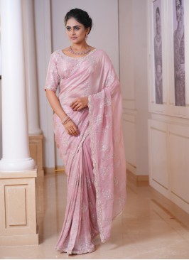 Shimmer Silk Embroidered Saree In Light Dusty Rose Pink Color