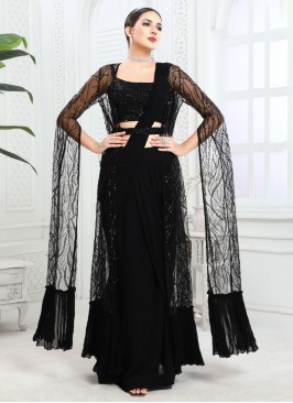 Shimmering Black Lehenga With Crop Top & Long Jacket With Cape Sleeves