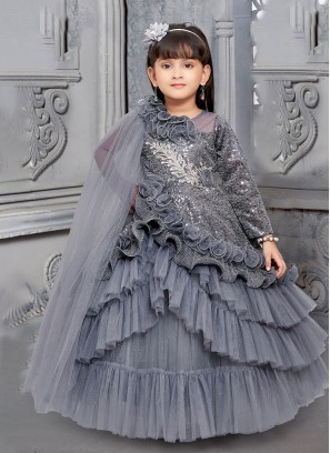 Shimmering Grey Multi-layered Ruffled Party Gown