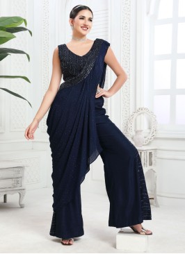 Shimmering Navy Blue Palazzo Suit With Designer Du