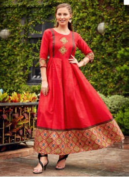 Shimmering Red Cotton A-Line Kurti