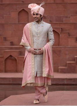 Silk Anrakli Style Sherwani In Embroidery Work