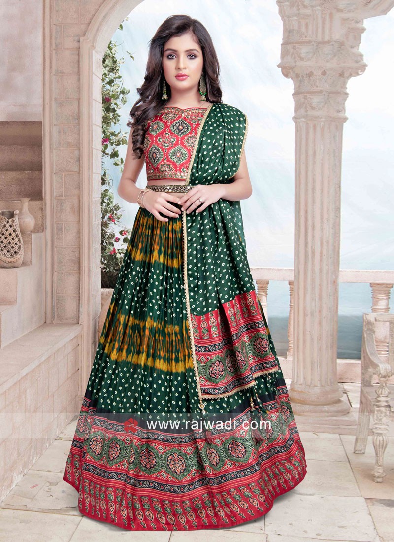 Silk Bandhani Printed Girls Choli Suit In Green Color