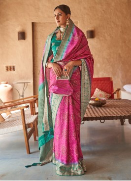 Silk Bandhej Saree in Pink