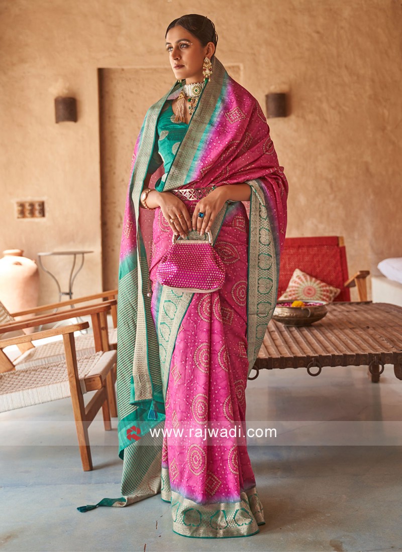 Silk Bandhej Saree in Pink