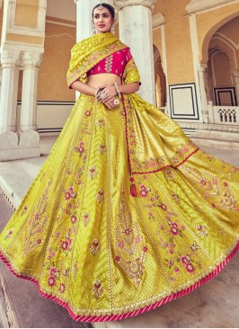 Yellowish Green Floral Embroidered Silk Lehenga Choli