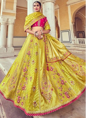 Cream and Green and Yellow Silk Banarsi Lehenga Choli With Zari work